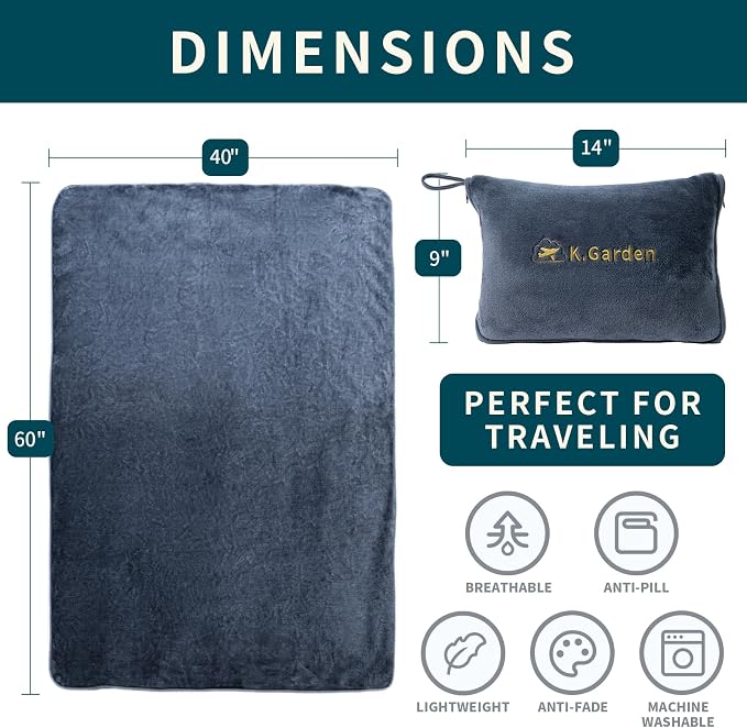 Travel Throw Blanket and Pillow- Soft 2 in 1 | Airplane Compact Flight Essentials Car Pillow Travelers Gifts Accessories Grey - Image 3