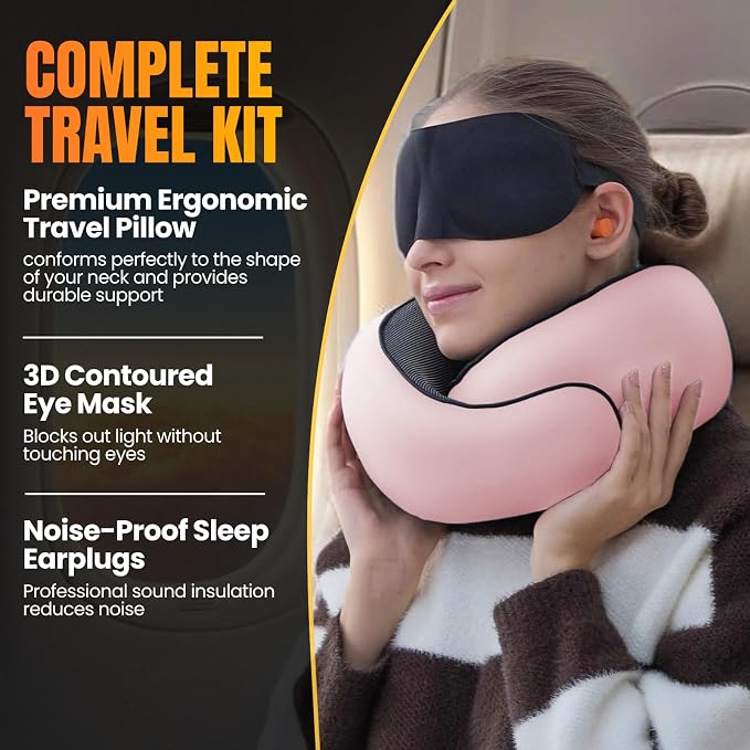 LOEXAIR™ Travel Pillow, Neck Pillow Travel for Airplane, Car - 100% Cotton Fabric & Memory Foam Plane Pillow, Lightweight & Easy-to-Carry on Flight, Full Travel Set (Eye Mask, Earplugs) - Sakura Pink - Image 4