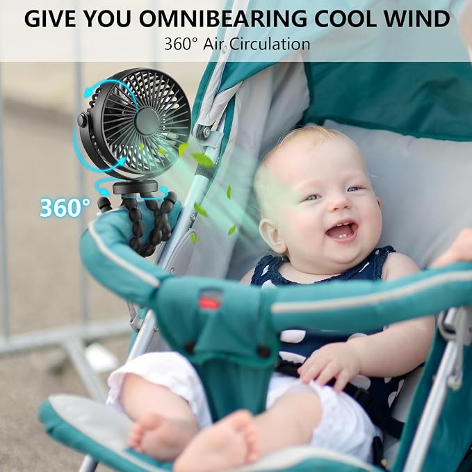 snawowo Mini Handheld Personal Portable Fan, Baby Stroller Fan, Car Seat Fan, USB or Battery Powered, with Flexible Tripod Clip on Student Bed Desk Bike Crib Treadmill Camping Traveling(Black) | Car Seat Fan , USB or Battery Powered, with Flexible Trip... - Image 3