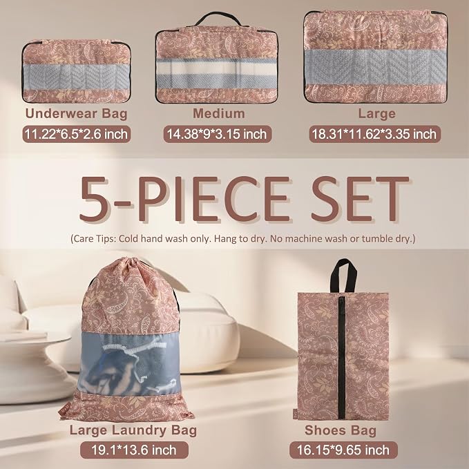 U+U 5 Set Packing Cubes, Travel Organizers with Shoe Bag (Paisley Pattern) | Ultralight Design & Easy Travel Organization - Image 3
