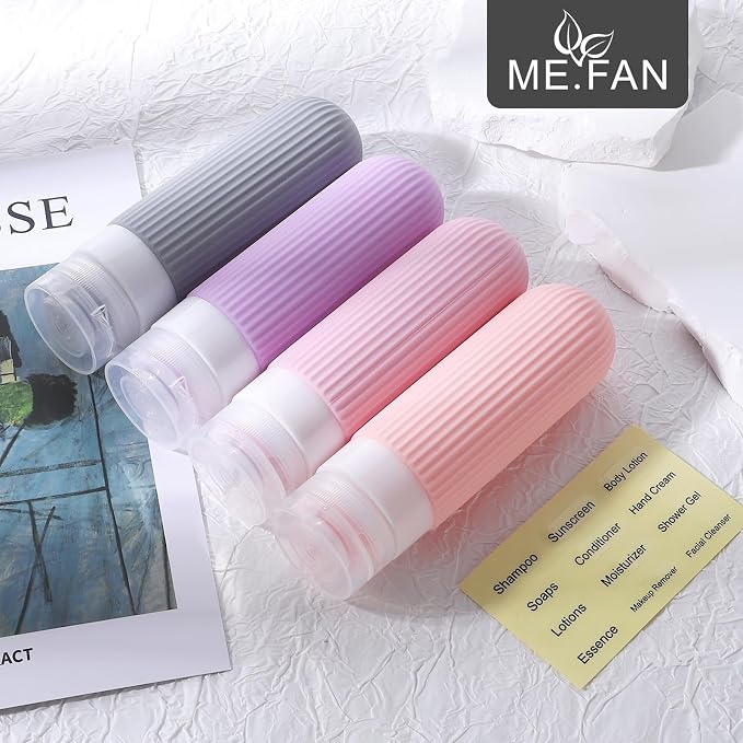ME.FAN Travel Bottles for Toiletries, TSA Approved 3oz Silicone Journey Size Containers, Portable Split Bottle for Conditioner, Shampoo, Lotion- 4 Pack Purple - Image 7