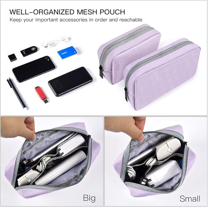 Universal Electronics Accessories Bag Pouch, 2-Pack Portable Soft Carrying Case Bag Wire Cable Organizer for Hard Drive, Power Adapter, Laptop Mouse, Cosmetics Kit, Cell Phone, Small+Big-Purple - Image 3