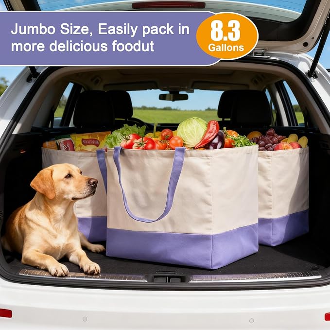 Reusable Grocery Bags Heavy Duty, 8.3 gal Foldable Large Canvas Tote Bag with Handles, Holds 60 lbs Canvas Shopping Bags, 3 Pack（Off White+Light purple） - Image 3