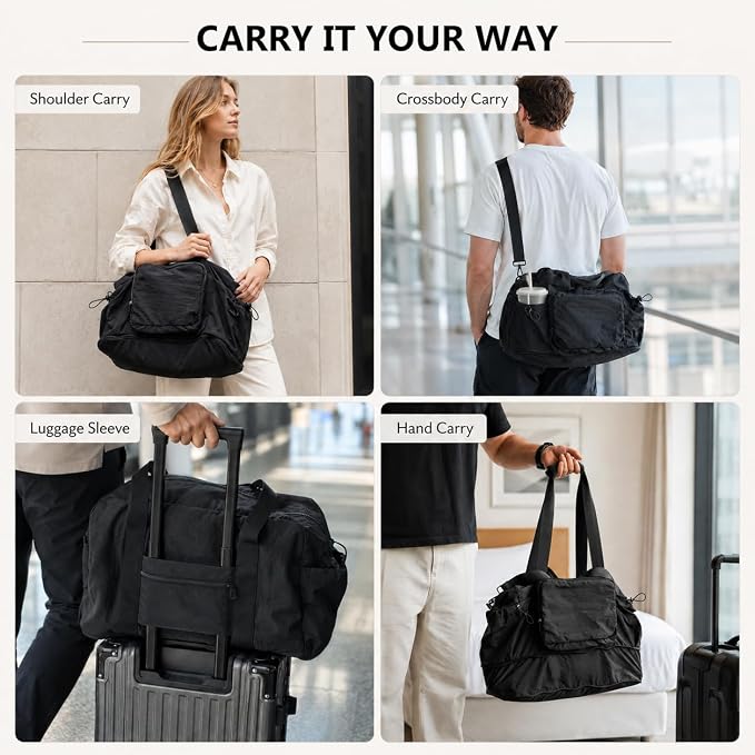 Foldable Travel Duffel Bag,Packable Weekender Bag with Luggage Sleeve, 35L-45L Expandable Overnight Carry-On Tote with Padded Shoulder Strap, Lightweight Nylon Extra Bag for Travel - Image 3