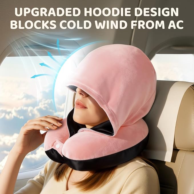 Mewaii Travel Neck Pillow, Airplane Pillow with Hood, Memory Foam, Pink | Neck Support, Reversible, Adjustable Strap, Washable Cover, Cat-Ear Hood, Storage Bag, for Flights, Adults & Teens - Image 4