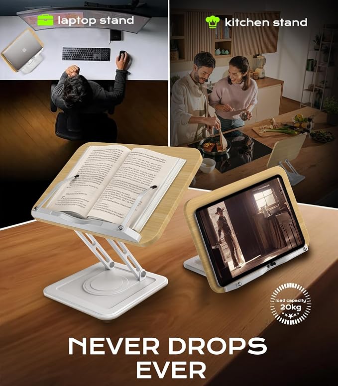 LOXP Ergonomic Book Stand for Reading, 360° Rotating Holder with Page Clip | Adjustable height angle, Hands-free, anti-slip base, Fits tablets cookbooks magazines laptops, wood and metal, White - Image 3
