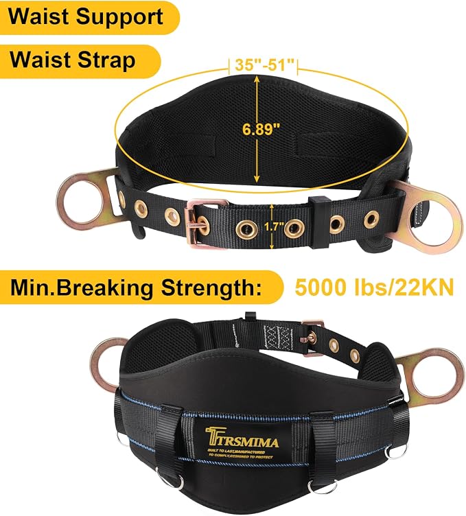 TRSMIMA Safety Harness Climbing Belt - Black Body Fall Protection Men Roof Tree Work Waist-Tongue Buckle Pad D-Ring - Image 2