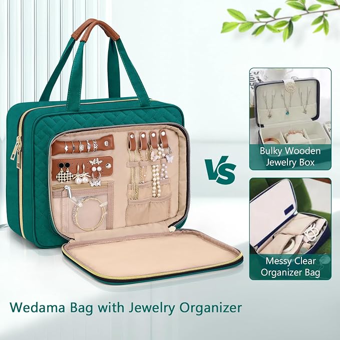 Toiletry Bag for Women, Hanging Travel Toiletry Bag with Jewelry Organizer Compartment Large Makeup Bag, PVC Waterproof Cosmetic Travel Bag Trips Camping Bathroom, Green+Brown - Image 3