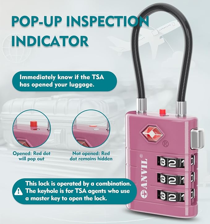ANVIL TSA Approved Luggage Locks – High Security TSA008 Combination Travel Locks with Inspection Indicator for Suitcases and Backpacks. (2, Rose Purple) - Image 3