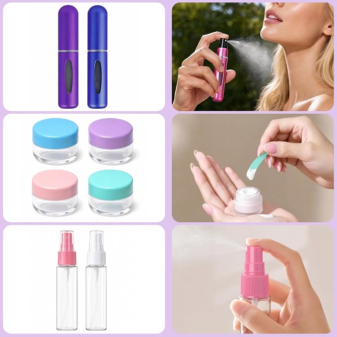 24 Pack Travel Bottles for Toiletries -TSA Approved, Leak Proof Silicone | Refillable Travel Size Containers Kits with Perfume Spray Bottle for Shampoo, Conditioner, Lotion, Cosmetic (Purple) - Image 4