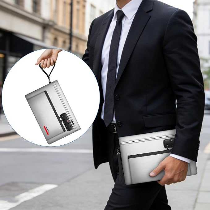 Hontom Double Layer Fireproof Money Bag for Cash with Lock & Hidden Zipper | 11"x7" Notary Bag with Skin-Friendly Material, Fire Pouch Holder Wallet for Travel, Passports, Notary Supplies (Silver) - Image 5
