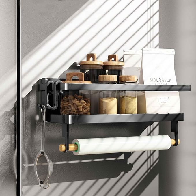 Jolitac Magnetic Fridge Spice Rack- Space Saving Organizer Black Shelf on Refrigerator, Kitchen Paper Towel Holder, Foldable Design (Black-Small) - Image 6