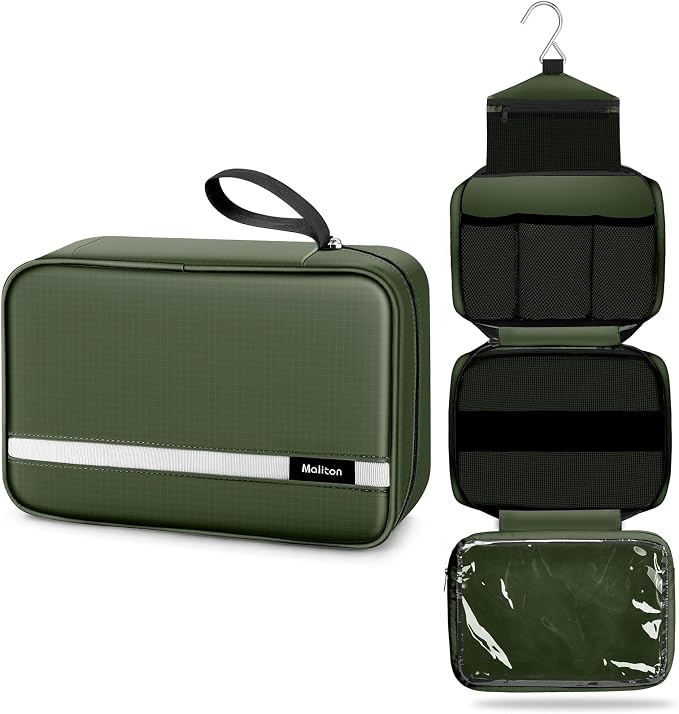 Maliton Toiletry Bag for Men & Women Travel Toiletry Bag Hanging Toiletry Bag Hygiene Organizer with 4 Compartments Waterproof Bathroom Shower Bag Large Toiletries Travel Bag (Olive Green) by Maliton