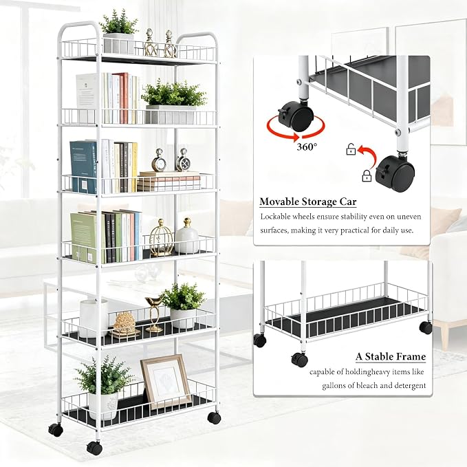 10in 6 Tier Slim Storage Cart with Wheels,White Narrow Space Rolling Shelving Unit, Metal Wire Mobile Organizer Rack for Kitchen Bathroom Office Laundry - Image 6