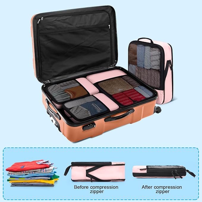 4 PCS Set Compression Packing Cubes for Travel, Lightweight Packaging Organizer Bags for Carry On Space Saving, Travel Essentials Cubes for Suitcase Backpack, Pink - Image 6