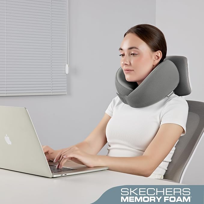 Skechers Men's Memory Foam Neck Pillow, Comfortable & Breathable Travel Pillow,Neck Pillow Airplane for Travel, Car Rides, Home, and Office Use, Ergonomic Design for Men and Women,Grey - Image 4