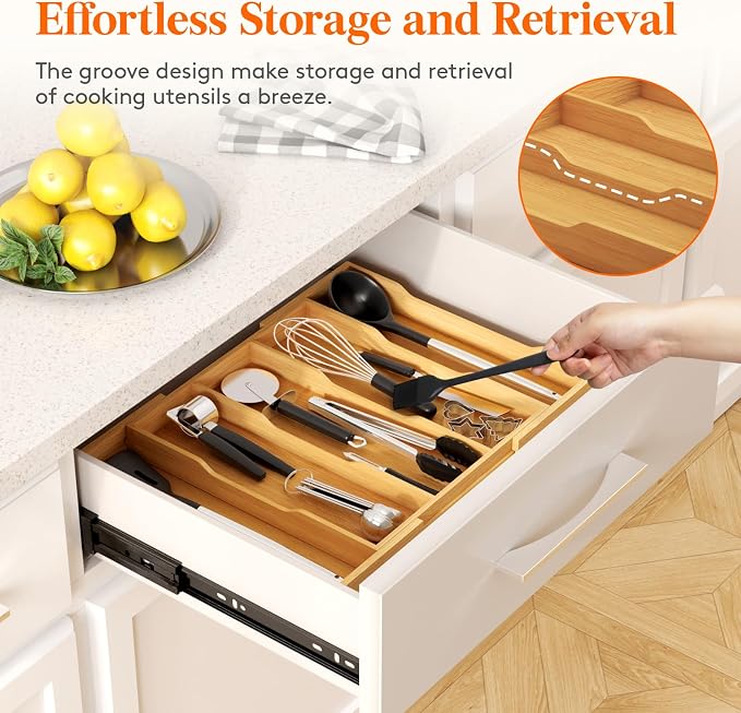 Lifewit Bamboo Utensil Organizer for Kitchen Drawer, Cooking Utensil Tray | Expandable Cutlery Silverware Flatware Holder, Wood Adjustable Spatula Tools Storage Divider, 12.6-22.8 x 14", Natural - Image 7