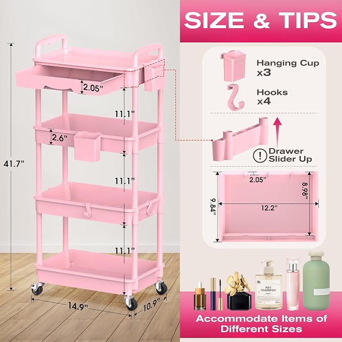 Goovilla Rolling Makeup Organizer Cart with Removable Drawer, 4 Tier Pink | Stable Floor Skincare Storage Cart for Vanity, Cosmetic Display, Nail Polish, Perfume, Hair Stuff, Beauty, Bathroom(Plastic) - Image 2