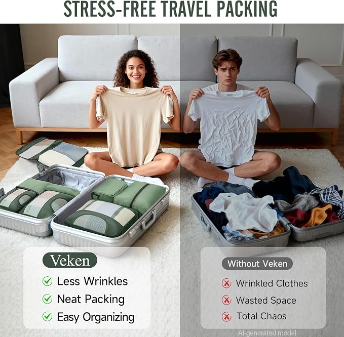 Veken 8 Set Packing Cubes for Travel Essentials,Anti-Wrinkle Buckled Suitcase Organizer for Shoe & Toiletry Bag,Carry On Luggage Bag with 99+ Count Mesh Holes for Airplane & College Dorm Accessories - Image 8
