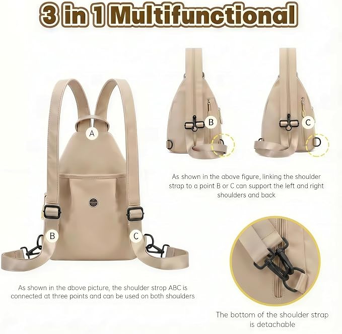 Waterproof 2-Way Mini Commuter Bag, Multi-Compartment Oxford Small Backpack, For Women, Collegeman, Commuter, Travel with Anti-Theft,Three in One Multifunctional Convertible Design(khaki) - Image 4