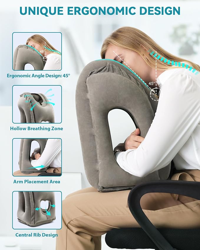 Inflatable Travel Pillow, Airplane Neck Pillow Comfortably Supports Head and Chin for Airplanes, Trains, Cars Office Napping on The Tray Table (Grey) - Image 2