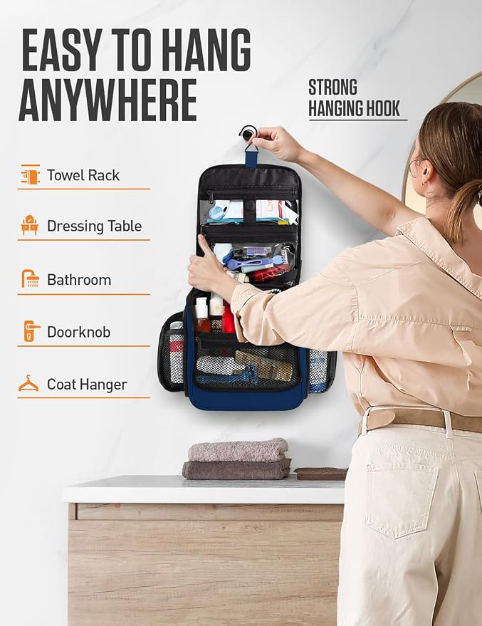 VENTURE 4TH Hanging Travel Toiletry Bag, 18 Compartments - Navy Blue | Hangs on rails, hooks or doors; stands upright. Removable TSA pouch. Water-resistant Nylon 290D Twill, reinforced stitching. - Image 4