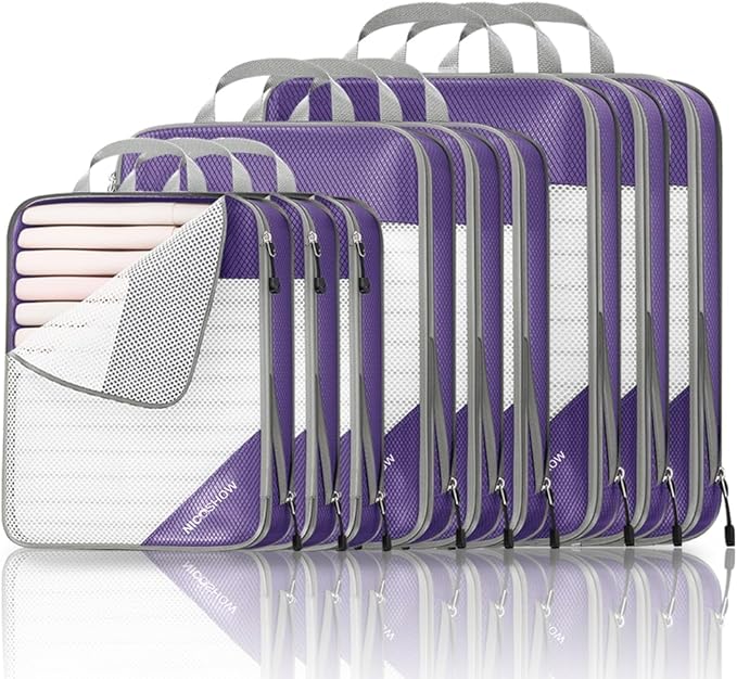 9 Set Compression Packing Cubes for Travel - Compressible, Lightweight, and Space-Saving Packing Cubes, Travel Essentials for Women, Purple by NICOSHOW