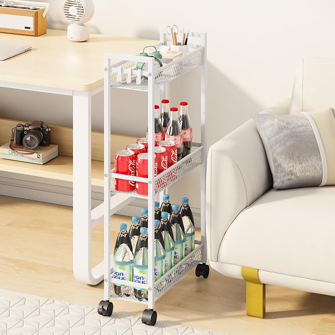 Slim Rolling Storage Cart, Metal 3 Tier Bathroom Storage Organizer Laundry Room Utility Cart for Kitchen, Bthroom, Makeup, Craft, Laundry Narrow Places, White - Image 7