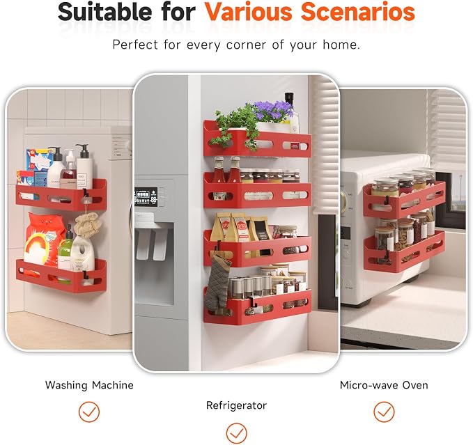 4-Pack Magnetic Spice Rack for Refrigerator with Hooks, Red | Strong multipurpose magnetic shelf for kitchen & bathroom organization. Includes 4 removable hooks for hanging items. - Image 6