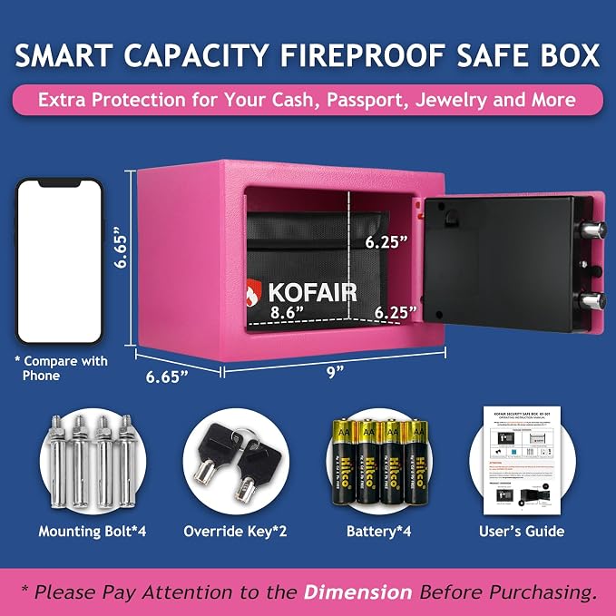 KOFAIR Safe Box for Home Safe (0.23 Cubic Feet) with Fireproof Bag, Personal for Money Safe for Cash Saving, Mini Safety with Key, Digital Safety with Light, Money Lock Box (Pink) - Image 5