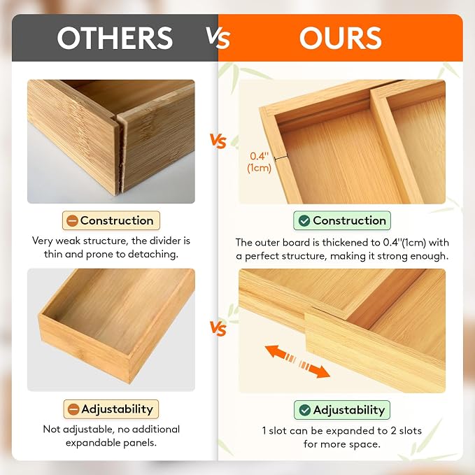 Lifewit Bamboo Utensil Organizer for Kitchen Drawer, Cooking Utensil Tray | Expandable Cutlery Silverware Flatware Holder, Wood Adjustable Spatula Tools Storage Divider, 7-12 x 15.75", Natural - Image 4