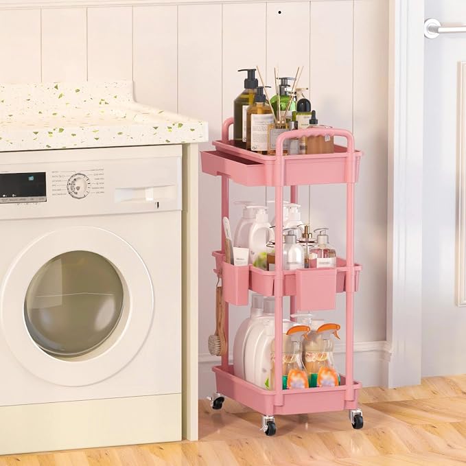 3 Tier Rolling Utility Cart with Drawer, Plastic Storage Organizer Rolling Carts with Wheels Handles Hanging Cups Hooks for Office, Bathroom, Kitchen,Craft Art Room (Pink) - Image 6