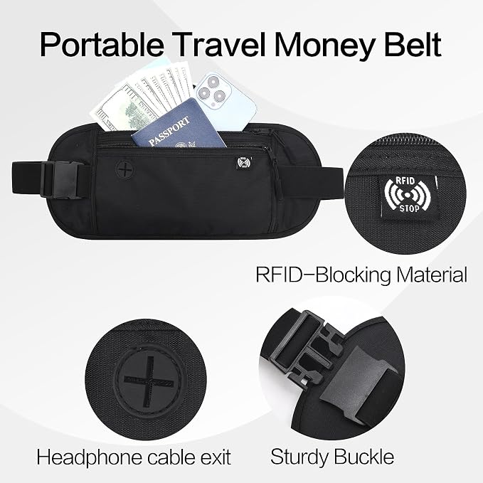 TRAVELSAFE Slim RFID Blocking Money Belt for Travel - Anti-Theft Hidden Passport Holder Waist Wallet with Secure Pouch for Cash, Credit Cards & Phone Safe (B-Black) - Image 2