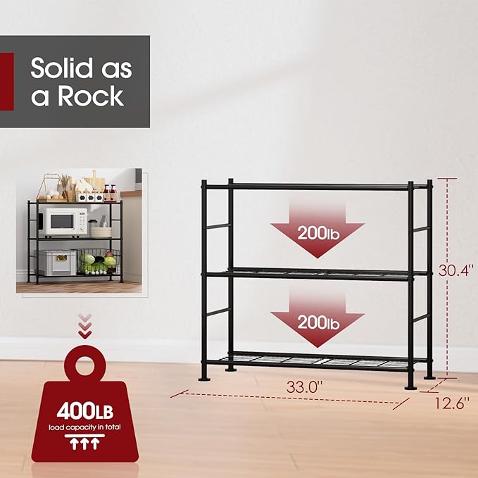 Sakugi Storage Shelves - 3 Tier Shelf Organizer, Heavy Duty Garage Shelving Unit with Leveling Feet, Stable Metal Shelves Organizer for Pantry, Kitchen and Closet, 33.0" W x 12.6" D x 30.4" H, Black - Image 2