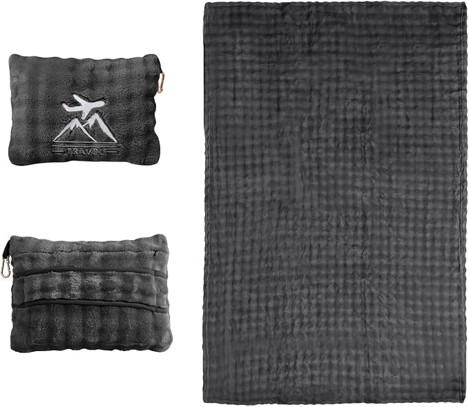 Travel Blanket and Pillow-2-in-1, Ultra-Soft&Compact, Airplane Blanket with Hand Luggage Belt and Backpack Clip,Travelers Accessories Gifts, 61x43 Inches（Dark Gray） by Unknown