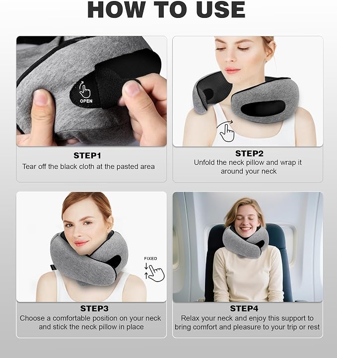 Travel Neck Pillow, Newly Upgraded Hooded Neck Pillow , 100% Pure Memory Foam Travel Pillow for Flight Headrest Sleep,Portable Aircraft Accessory,Suitable for use in Plane/Car/Office(Light grey) - Image 5