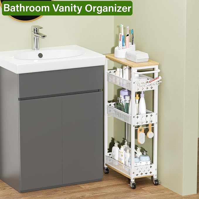 Utility Slim Storage Cart for Home Laundry Room, Bathroom, Kitchen | 4-Tier narrow rolling cart for small space, Holds tall bottles, Upgraded metal hub casters, Premium wood & metal mesh shelves - Image 4