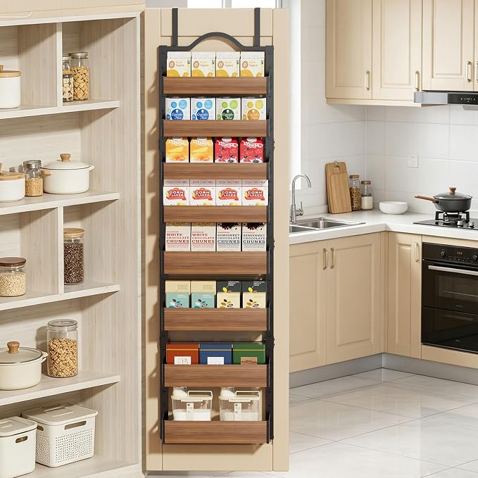 8-Tier Pantry Door Organizer, Over the Door Pantry Organizer with Wooden Adjustable Baskets, 2 IN 1 Spice Rack Wall Mount or Door Organizer, Door Spice Rack（12.4"W x 5.5"D x 66.1"H,1 Pack, Black) - Image 7