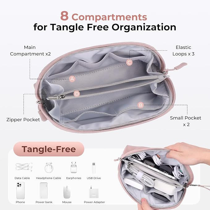 FYY Travel Cable Organizer - 8 Compartments, Lightweight, Water Repellent | With Wrist Strap, Portable Tech Pouch for Cord Charger, Travel and Business Trips Use, Soft Shell Nylon, Pink (Medium) - Image 4