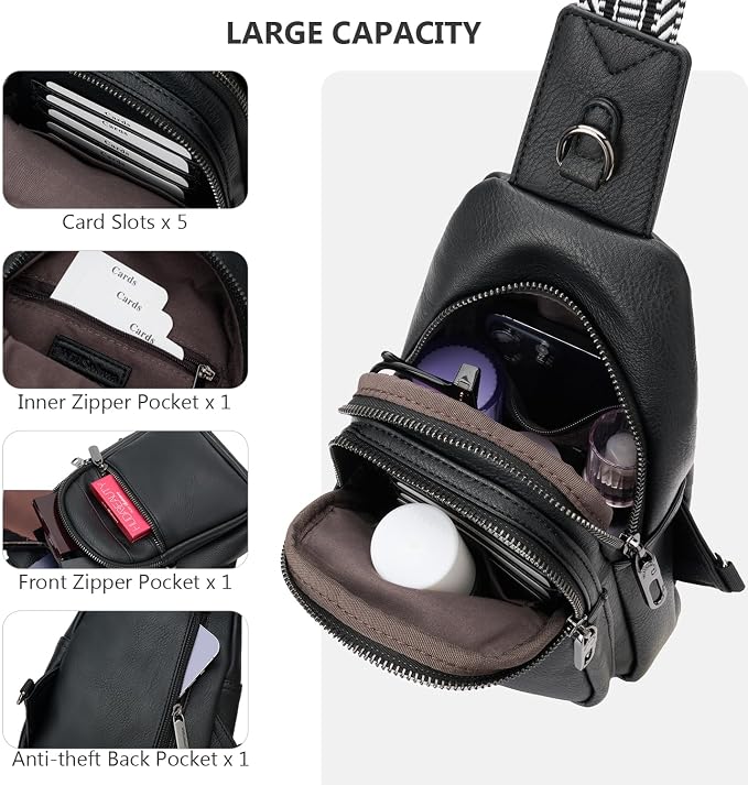 Anti-theft Chest Bags Women Small PU Leather Sling Fanny Pack | RFID Blocking,Safety Zipper,5 Card Slots,Adjustable Strap,Large Capacity,Multi Pockets,Faux Leather,Daypack,Bum Bags,Travel - Image 7