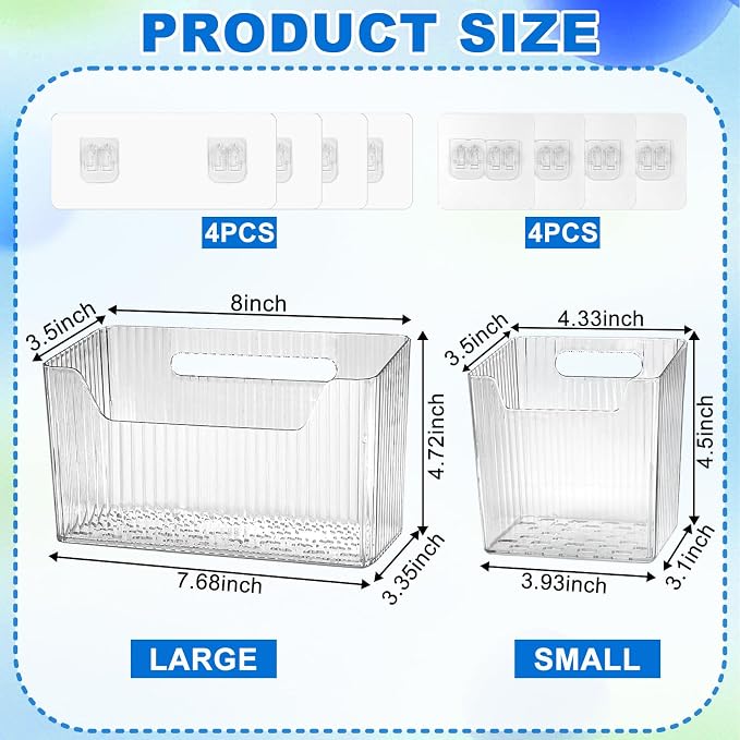 8 Pcs Storage Organizer Bins - Wall Mounted Basket in 2 Sizes, Clear Cabinet Door Stackable Adhesive Hanging Bin for Bathroom, Kitchen, Pantry - Image 2