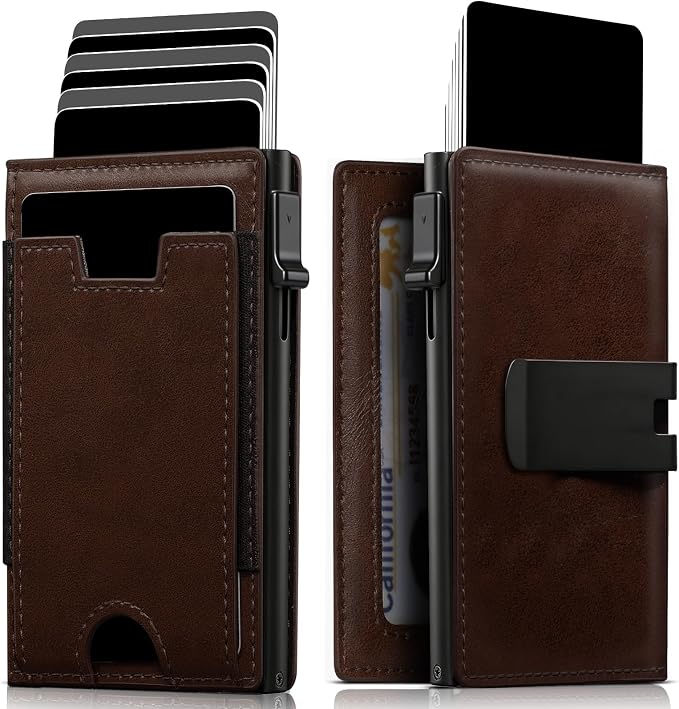 iwantit Slim Wallet for Men Card Holder: Minimalist RFID Blocking Wallet for 8-10 Cards - Smart Pop Up Card Case with Detachable Money Clip - Premium Leather Cardholder, Gift Boxed (Oil Wax Brown) by IWANTIT