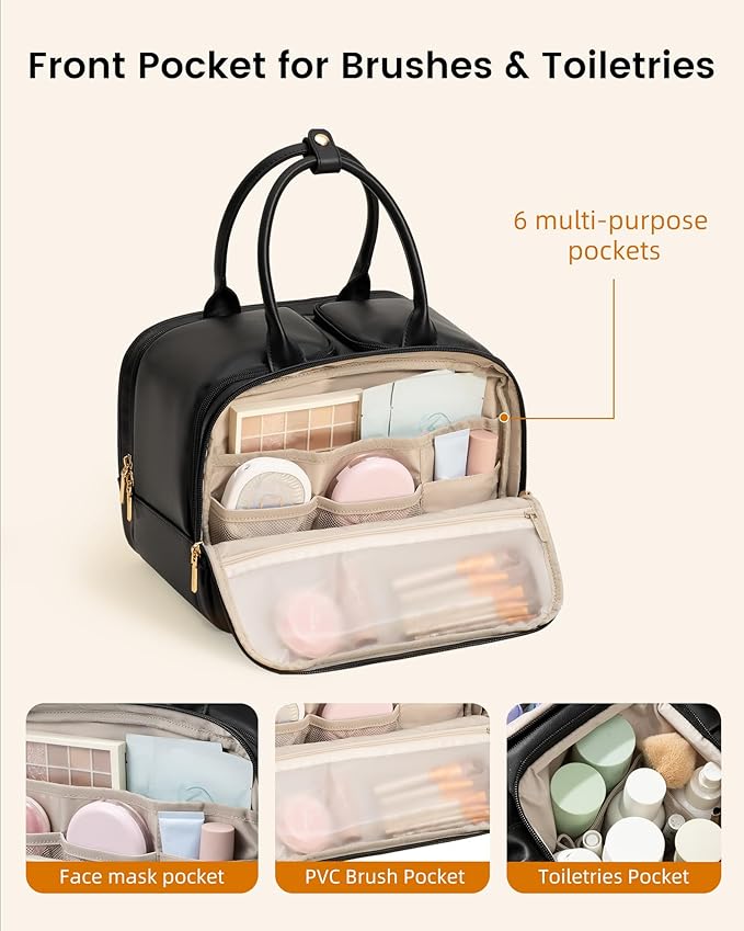 LOVEVOOK Travel Toiletry Bag for women, Leather Large Wide-open Makeup Bag, Waterproof Cosmetic Bag Organizer for Shower, Traveling, Toiletries, Bathroom - Image 4