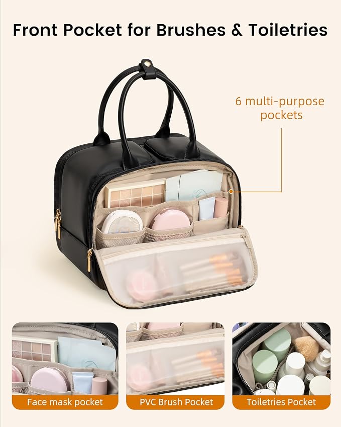 LOVEVOOK Travel Toiletry Bag for women, Leather Large Wide-open Makeup Bag, Waterproof Cosmetic Bag Organizer for Shower, Traveling, Toiletries, Bathroom - Image 4