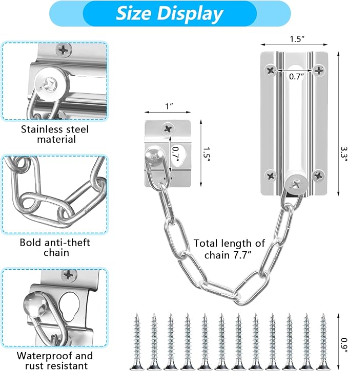 2 Pack Door Chain Lock Stainless Steel, Security Door Chain for Inside Door, Premium Thickened Chain Door Lock with 12 Screws - Image 6