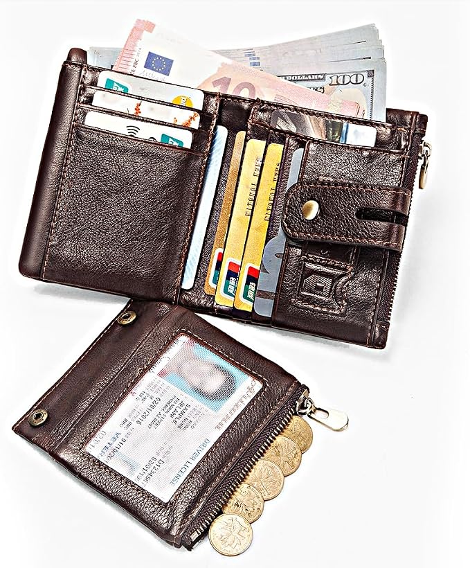 Anti-Theft Mens Wallet with Chain Genuine Leather ID Window Purse with RFID Blocking Bifold Double Zipper Coin Pocket with Gift Box - Image 5