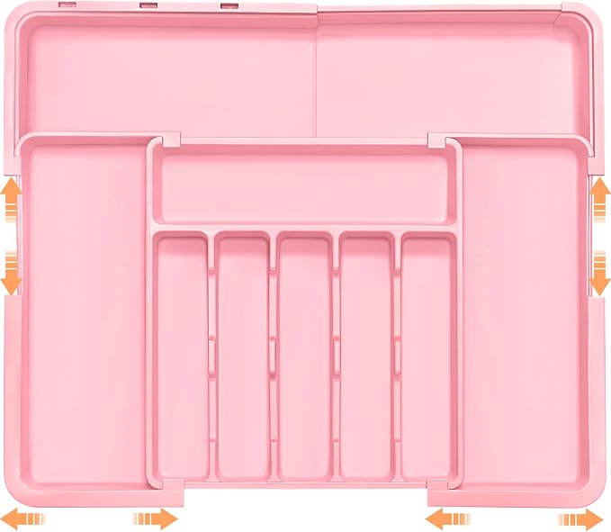Silverware Organizer Expandable Kitchen Utensil Drawer Organizer Large BPA Free Adjustable Cutlery Silverware Tray for Spoons Forks Knives Storage Divider for Kitchen Flatware 6-9 Slots Pink by Spaclear