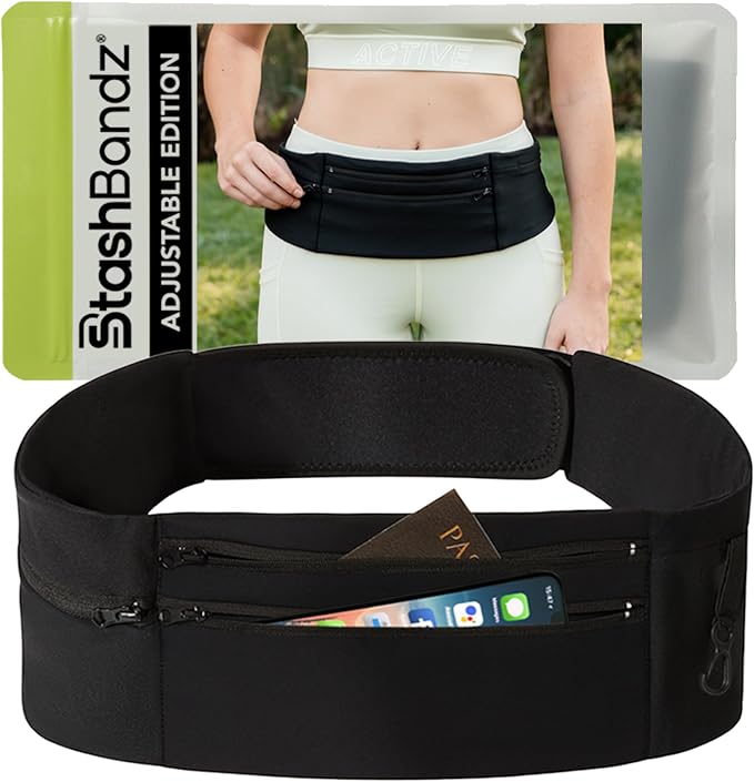 Running Belt Money Belt, 3 Large Zippered Pockets | Fanny Pack - Adjustable No-Bounce, 1 Waterproof Pocket, Water Bottle Holder, Key Clip, Fits Phone, Passport & More by Stashbandz