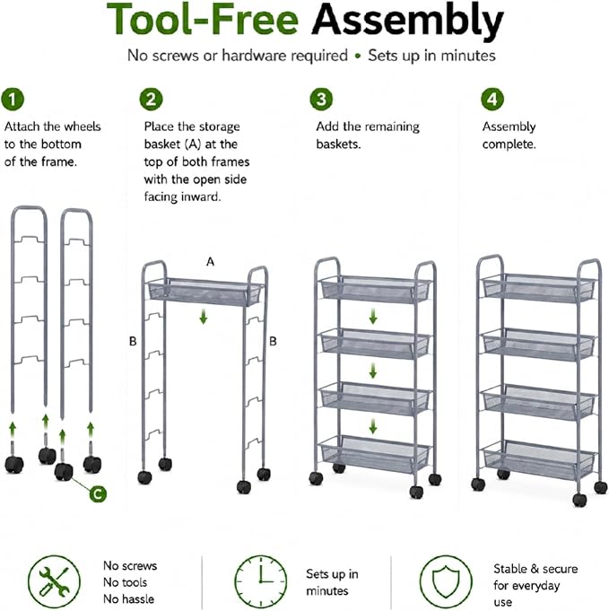 American Dream Matte Grey 4-Tier Mesh Basket Rolling Cart with Wheels Slim Metal Storage Organizer Trolley, 22.4" x 7.3" x 37.4" - Image 9