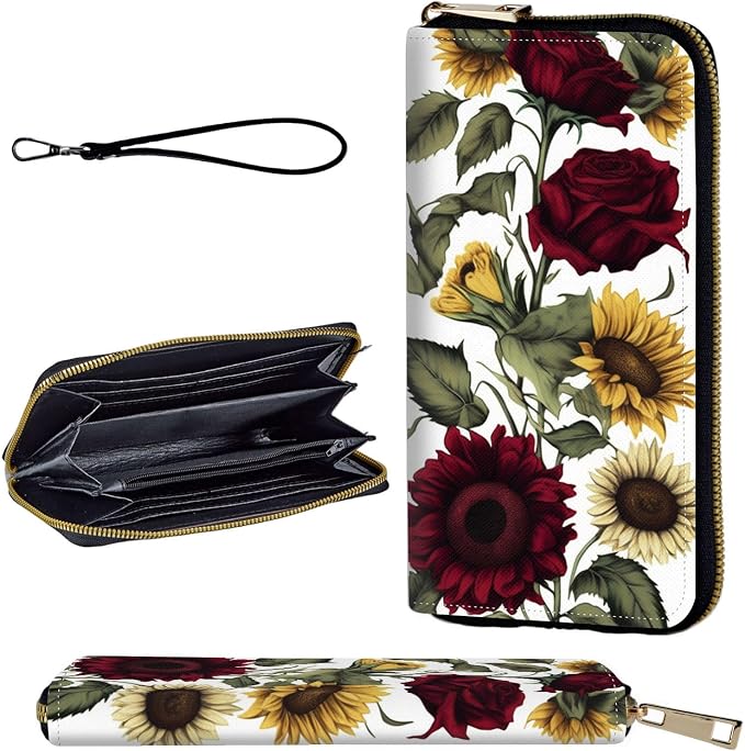 Wallet,Leather Long Wallet Suitable For Ladies And Teenagers - Detachable Wristband + RFID Travel Wallet With Card Slot - Roses Sunflower by Unknown